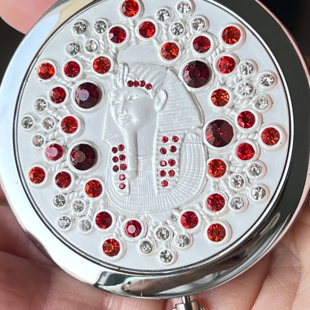 HAND MIRROR Egyptian Pharaoh Compact Magnified Purse silver-tone Rhinestones